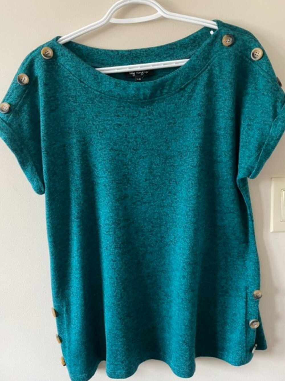 Lilly Morgan Stylish Teal/Black Button-Accent Cap Slvs Women's Top Sz L